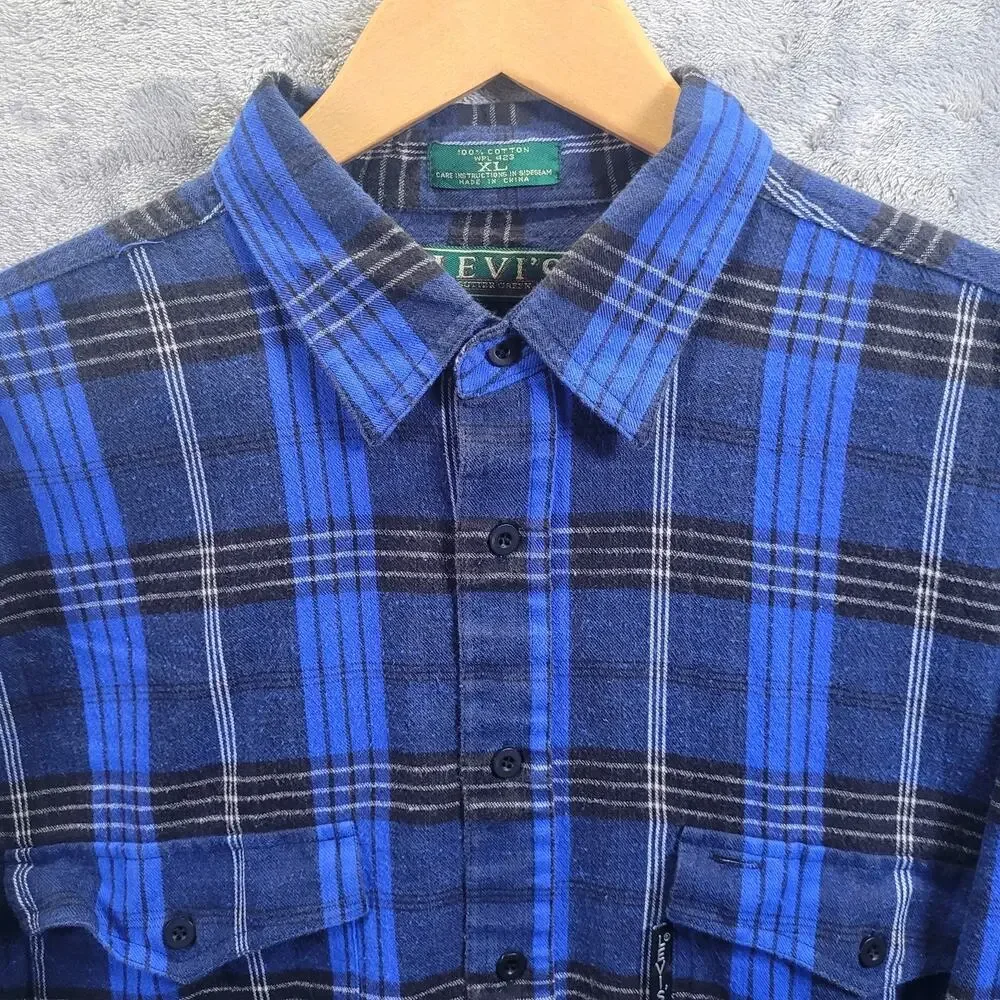 Vintage Levis Sutter Creek XL Flannel Shirt Blue Plaid Cabin Grunge Workwear USA